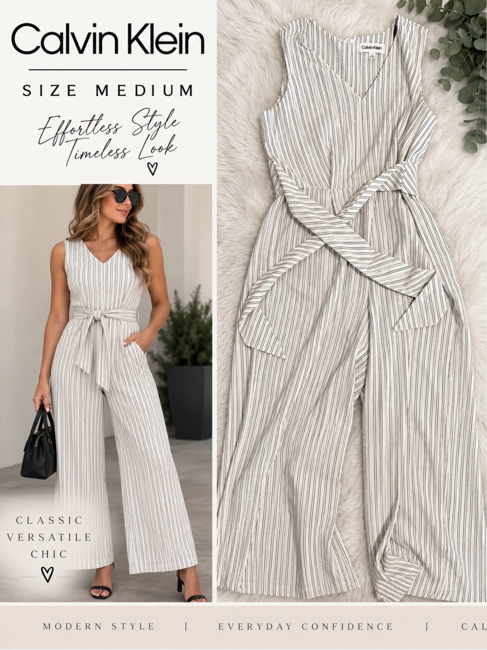 Calvin Klein Cream and Black Striped V‑Neck Wide‑Leg Jumpsuit
